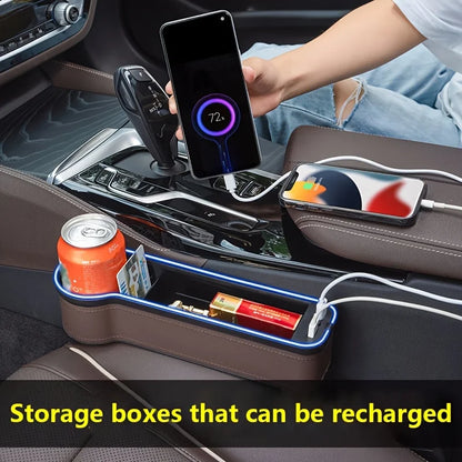 Car Crevice Storage Box With 2 USB Charger Colorful LED Car Seat Gap Filler