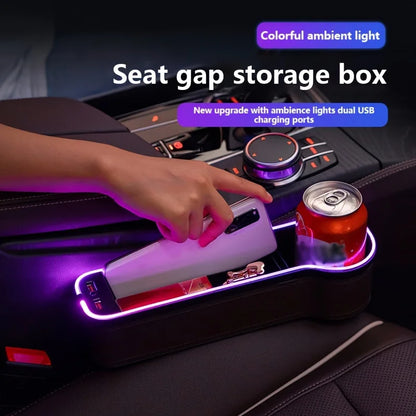 Car Crevice Storage Box With 2 USB Charger Colorful LED Car Seat Gap Filler